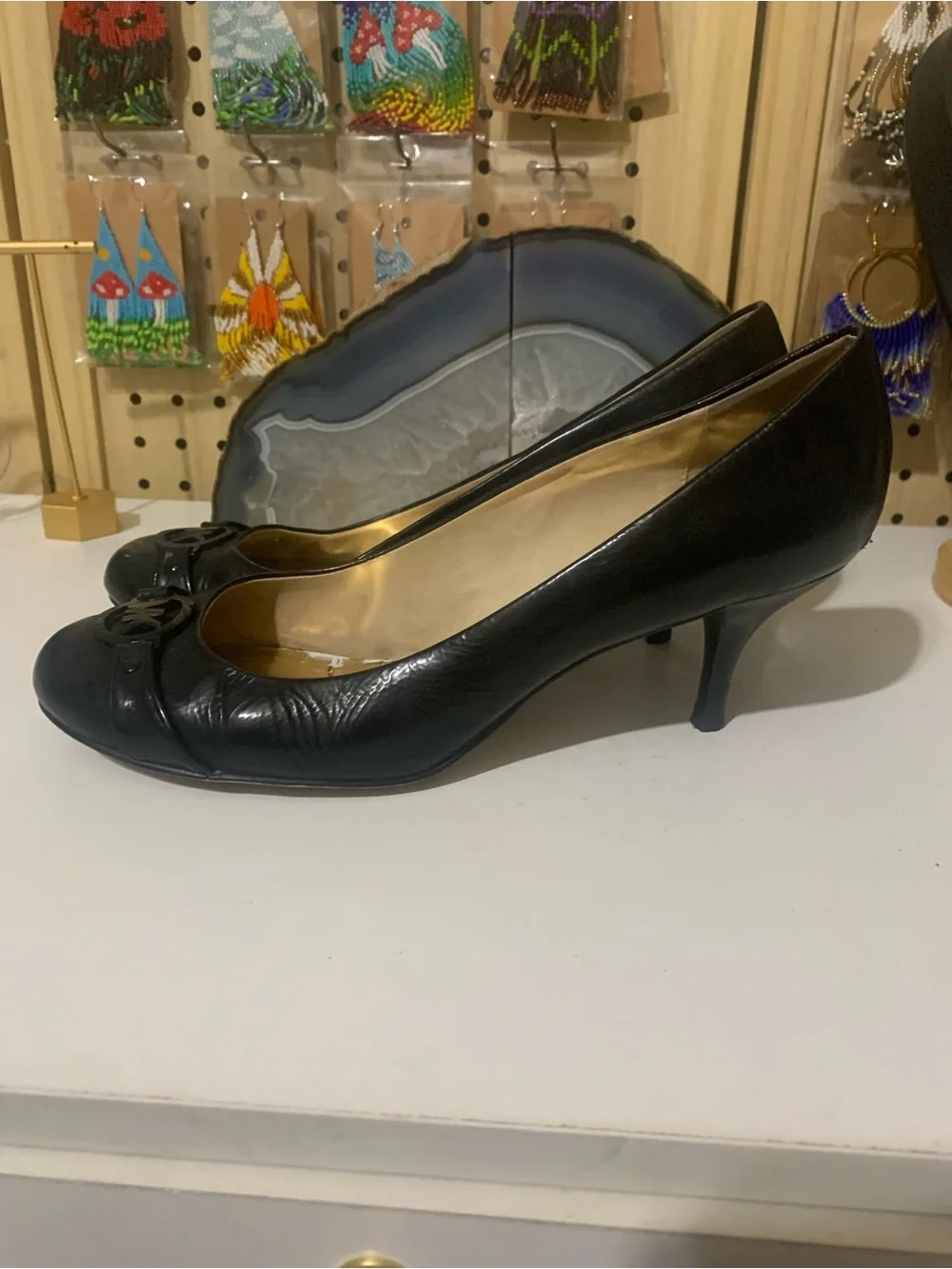 Michael Kors Black Leather Round-Toe Heels with MK Emblem